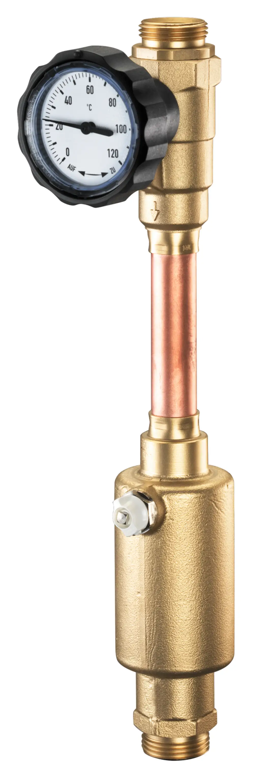 Oventrop Entlüfterstrang mit Manometer, Kupferrohr und Messgerät für Temperaturanzeige, montiert auf einem unteren Ventilanschluss, in goldfarbener Ausführung.